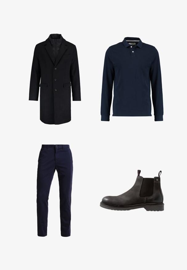 Abrigo de mezcla de lana negra con un diseño ajustado, solapas con muesca, cierre de un solo botón, dos bolsillos frontales y un forro interior con cremallera oculta.; Polo de manga larga en color navy, hecho de algodón, con un cuello clásico, tapeta de dos botones y una textura suave.; Chinos azul marino hechos de una mezcla de algodón, con un diseño de pierna recta, bolsillos frontales, cierre de cremallera y una cinturilla con un solo botón.; Botín Chelsea de cuero negro con paneles laterales elásticos, superficie texturizada y suela de goma. Presenta un tirador en rojo y azul.
