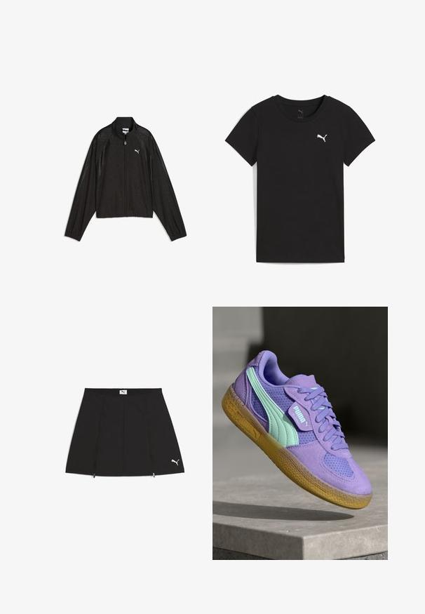 Zwarte Puma jas met rits, lange mouwen, hoge kraag, subtiel bloemenpatroon en wit Puma-logo op de linkerborst.; Zwart Puma T-shirt met korte mouwen, ronde hals en wit Puma-logo op de linkerborst.; Zwarte sportrok met een uitlopende stijl, gemaakt van een gladde stof. Voorzien van ritszakken aan de voorkant en een wit Puma-logo aan de onderzijde rechts.; Paarse suède en mesh sneaker met mintaccenten, vetersluiting en een gestructureerde gumzool. Bevat PUMA-branding aan de zijkant.
