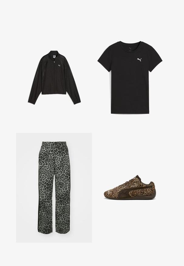 Schwarze Puma Zip-Up-Jacke mit langen Ärmeln, hohem Kragen, dezentem Blumenmuster und weißem Puma-Logo auf der linken Brust.; Schwarzes Puma-T-Shirt mit kurzen Ärmeln, Rundhalsausschnitt und weißem Puma-Logo auf der linken Brust.; Leopardmuster-Hosen in Grautönen mit lockerer Passform, elastischem Bund und schwarzen Seitendetails für zusätzlichen Kontrast.; Sneakers mit Leopardenmuster und braunen Wildlederakzenten, niedriges Profil, Schnürdesign, strukturierte Oberseite und Gummisohle. PUMA-Logo angezeigt.