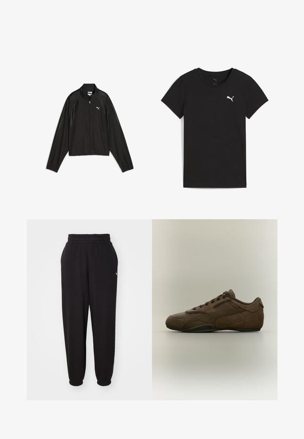 Chaqueta negra Puma con cremallera, mangas largas, cuello alto, patrón floral sutil y logo blanco de Puma en el pecho izquierdo.; Camiseta negra de manga corta Puma con cuello redondo y logo blanco de Puma en el pecho izquierdo.; Pantalones de chándal negros hechos de tela suave, con cinturilla acanalada y tobillos ajustados. Incluye un pequeño logotipo en el costado.; Zapatilla Puma de ante marrón oscuro con cordones, logo lateral y suela de goma de perfil bajo sobre un fondo neutro.