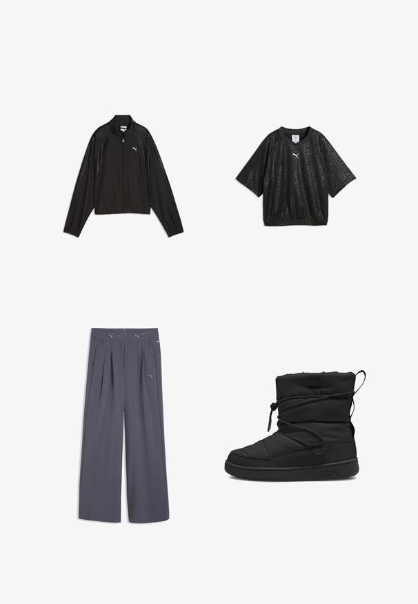 Veste zippée noire Puma avec manches longues, col montant, motif floral subtil et logo Puma blanc sur la poitrine gauche.; Chemise noire à manches courtes avec un motif léopard subtil, ourlet élastique et petit logo blanc Puma sur la poitrine.; Pantalon gris large Puma avec taille élastique comportant des logos Puma répétés et des poches latérales.; Botte isolée noire avec une texture matelassée, fermeture avec cordon élastique, dessus rembourré et semelle en caoutchouc arborant un logo minimaliste.