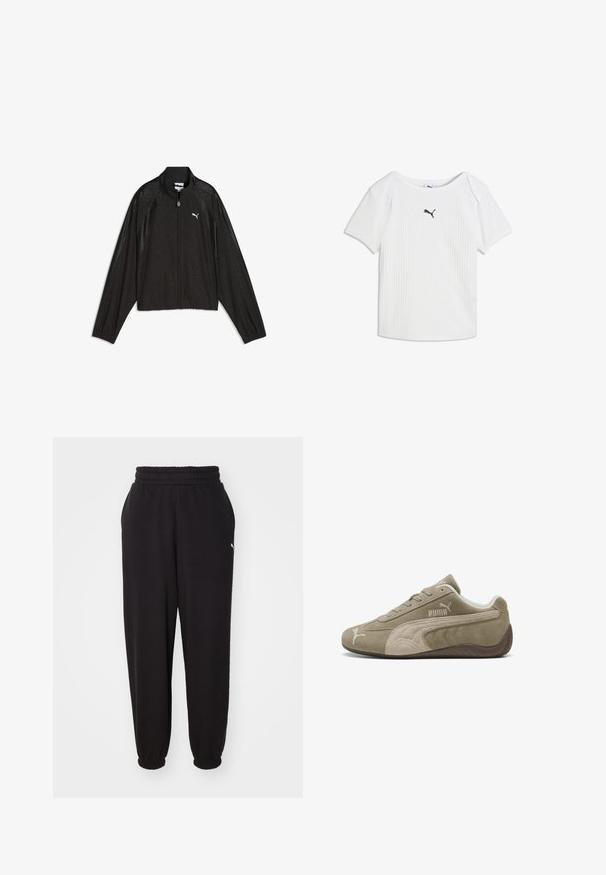 Sort Puma lynlås jakke med lange ærmer, høj krave, diskret blomsterprint og hvidt Puma logo på venstre bryst.; Hvid ribstrikket T-shirt med korte ærmer, rund halsudskæring og et lille sort Puma-logo i midten af brystet.; Sorte sweatpants lavet af blødt stof, med en ribbet talje og mansjetter ved anklerne. Indeholder en lille logoaccent på siden.; Suedesneakers i lysebrun med mørkere accenter, med et lavprofil design, snørebåndslukning og et mærke logo på siden.