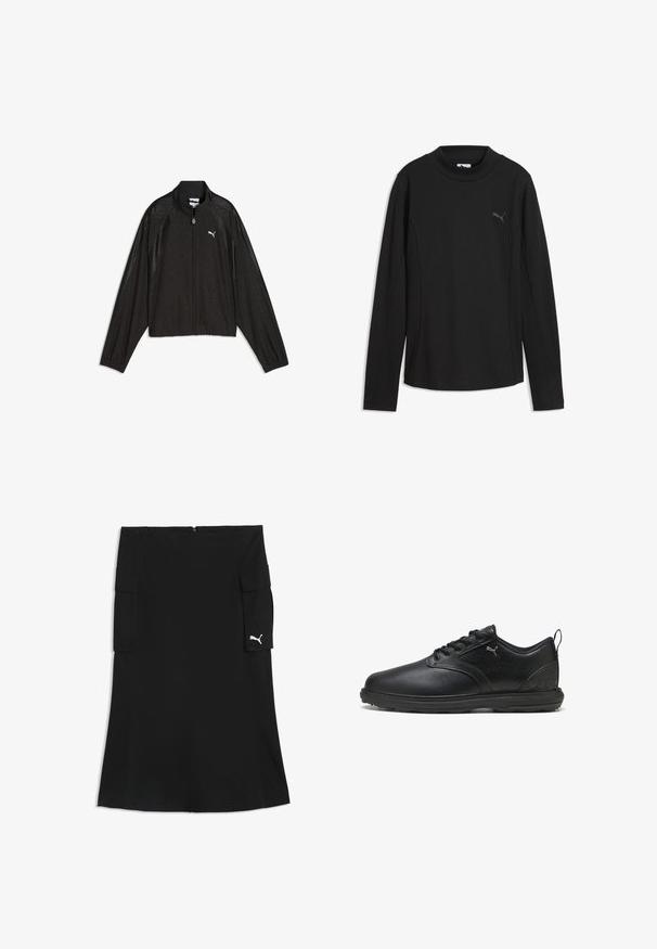 Zwarte Puma jas met rits, lange mouwen, hoge kraag, subtiel bloemenpatroon en wit Puma-logo op de linkerborst.; Zwart geribd shirt met lange mouwen, een col en een klein Puma-logo op de bovenste linkerborst.; Zwarte knielange rok met cargozakken aan beide zijden en een klein wit Puma-logo op de rechter zakklep.; Zwarte leren schoen met een gladde afwerking, getextureerde zijpanelen, vetersluiting en gewatteerde kraag. Heeft een subtiel logo en gemusterde accenten.