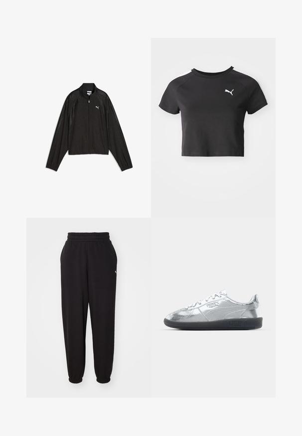 Sort Puma lynlås jakke med lange ærmer, høj krave, diskret blomsterprint og hvidt Puma logo på venstre bryst.; Sort cropped t-shirt lavet af bomuld, med rund halsudskæring, korte raglanærmer og et hvidt Puma-logo på venstre bryst.; Sorte sweatpants lavet af blødt stof, med en ribbet talje og mansjetter ved anklerne. Indeholder en lille logoaccent på siden.; Sølv sneakers med en glat, reflekterende overdel, der har sorte gummisåler og klassisk snøredesign. Puma-logo på siden.