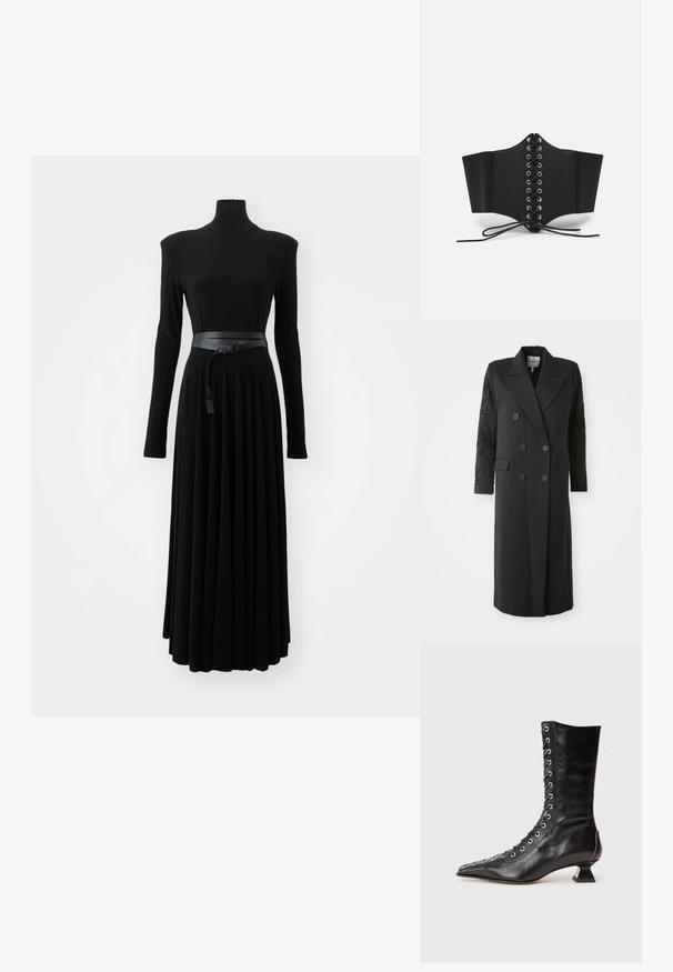 Manteau noir croisé avec un col prononcé, six boutons et des détails perlés sur les manches. Tissu lisse avec une coupe cintrée et une longueur longue.; Norma Kamali SHOULDER PAD TURTLE FLARED DRESS TO MIDCALF - Robe en jersey - black; Bottine noire en cuir avec un bout pointu, laçage à l'avant, œillets en métal, petit talon block et un design épuré. Texture lisse, silhouette moderne.; Corset noir en matériau lisse, doté d'œillets en métal, de lacets pour l'ajustement, et d'une forme structurée avec de larges panneaux latéraux.