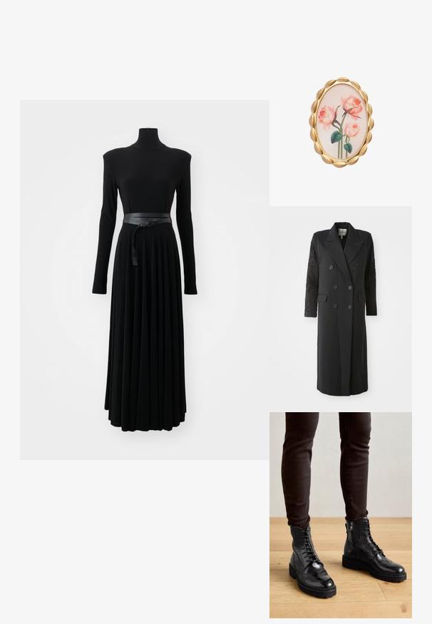 Schwarzer, doppelt geknöpfter Mantel mit scharfem Kragen, sechs Knöpfen und Perlendetails an den Ärmeln. Glatte Stoffqualität mit taillierter Passform und langer Länge.; Norma Kamali SHOULDER PAD TURTLE FLARED DRESS TO MIDCALF - Jerseykleid - black; Schwarze LederStiefeletten mit Brogue-Details, Schnürung, seitlichen Reißverschlüssen und strukturierten Gummi-Sohlen. Kombiniert mit dunklen Slim-Fit-Hosen.; Ovales Broschen mit einem goldfarbenen gewellten Rand, der ein Blumenmuster von pinken Rosen auf hellem Hintergrund zeigt. Glatte Textur und detaillierte Grafiken.