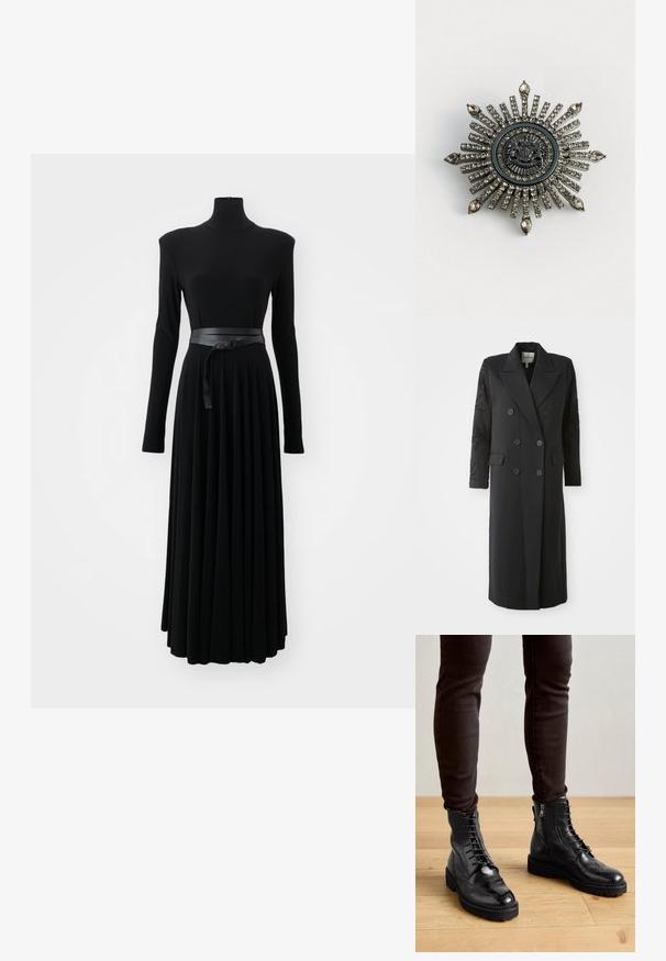 Zwarte dubbelgeknoopte jas met een scherpe kraag, zes knopen en een bewerkte detail op de mouw. Gladde stof met een op maat gemaakte vorm en lange lengte.; Norma Kamali SHOULDER PAD TURTLE FLARED DRESS TO MIDCALF - Jerseyjurk - black; Zwarte leren enkellaarsjes met brogue-details, een vetersluiting aan de voorkant, ritsen aan de zijkant en gestructureerde rubberen zolen. Gecombineerd met donkere slim-fit broek.; Stervormige broche van zilverkleurig metaal met transparante rhinestones. Het centrale ontwerp heeft een ronde embleem met complexe details.