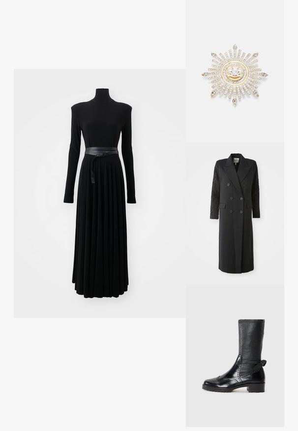 Abrigo negro de corte doble con un cuello afilado, seis botones y detalles de cuentas en las mangas. Tejido suave con una forma ajustada y longitud larga.; Norma Kamali SHOULDER PAD TURTLE FLARED DRESS TO MIDCALF - Vestido ligero - black; Botín negro con parte superior de cuero suave, detalles de brogue, puntera redondeada y tacón bloque de altura media. Presenta un eje suave y texturizado.; Broche de plata con un diseño de estallido solar, que presenta piedras de strass transparentes y un centro circular acentuado en oro con un emblema.