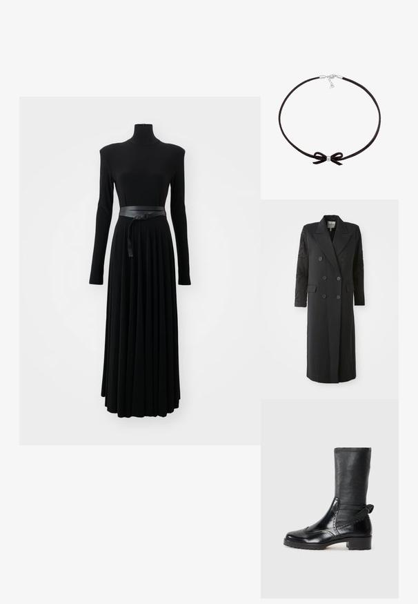 Abrigo negro de corte doble con un cuello afilado, seis botones y detalles de cuentas en las mangas. Tejido suave con una forma ajustada y longitud larga.; Norma Kamali SHOULDER PAD TURTLE FLARED DRESS TO MIDCALF - Vestido ligero - black; Botín negro con parte superior de cuero suave, detalles de brogue, puntera redondeada y tacón bloque de altura media. Presenta un eje suave y texturizado.; Choker de ante negro con un pequeño bead plateado central y un detalle de lazo, que cuenta con un cierre simple y una cadena ajustable.