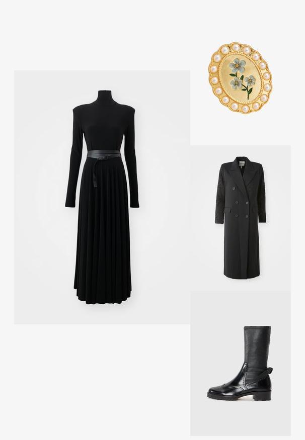 Manteau noir croisé avec un col prononcé, six boutons et des détails perlés sur les manches. Tissu lisse avec une coupe cintrée et une longueur longue.; Norma Kamali SHOULDER PAD TURTLE FLARED DRESS TO MIDCALF - Robe en jersey - black; Bottine noire avec une tige en cuir lisse, des détails de brogue, un bout rond et un talon bloc de hauteur moyenne. Comprend un tige douce et texturée.; Broche ovale en or avec des fleurs en émail bleu au centre, entourée d'une bordure de perles blanches rondes.