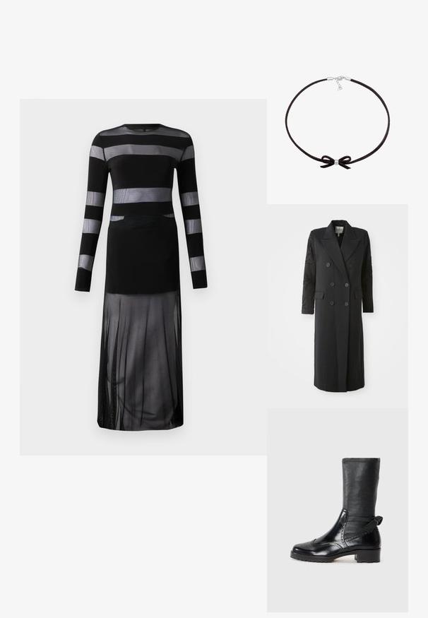 Manteau noir croisé avec un col prononcé, six boutons et des détails perlés sur les manches. Tissu lisse avec une coupe cintrée et une longueur longue.; Robe noire à manches longues avec des rayures horizontales transparentes, un corsage ajusté et une jupe fluide en voile avec un design fendu. Tissu léger.; Bottine noire avec une tige en cuir lisse, des détails de brogue, un bout rond et un talon bloc de hauteur moyenne. Comprend un tige douce et texturée.; Choker en suède noir avec une petite perle centrale en argent et un détail en nœud, muni d'un fermoir simple avec une chaîne ajustable.