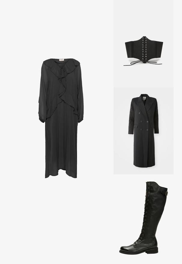 Abrigo negro de corte doble con un cuello afilado, seis botones y detalles de cuentas en las mangas. Tejido suave con una forma ajustada y longitud larga.; Soaked in Luxury SLMaxi - Vestido largo - black; Bota de cuero negro hasta la rodilla con cordones en el frente, ojales de plata y hebilla lateral. Presenta un acabado texturizado y tacón apilado.; Corsé negro hecho de un material suave, con ojales de metal, cordones para ajuste y una forma estructurada con amplios paneles laterales.