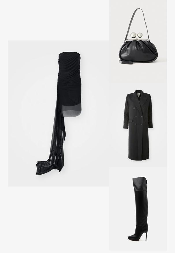 Schwarzer, doppelt geknöpfter Mantel mit scharfem Kragen, sechs Knöpfen und Perlendetails an den Ärmeln. Glatte Stoffqualität mit taillierter Passform und langer Länge.; Schwarzes, ärmelloses Kleid aus gerafftem Stoff, mit einem transparenten Überzug und einem verlängerten, fließenden Besatz auf einer Seite. Glatte Textur im gesamten Kleid.; Schwarzer kniehoher Lederstiefel mit spitzer Spitze und hohem Stilettoabsatz auf weißem Hintergrund.; Schwarze Ledertasche mit gerafftem Design, einem einzelnen Riemen, silbernem Metallrahmen und zwei großen runden silbernen Verschlüssen.