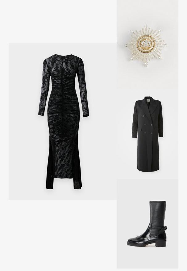 Abrigo negro de corte doble con un cuello afilado, seis botones y detalles de cuentas en las mangas. Tejido suave con una forma ajustada y longitud larga.; Vestido negro de manga larga con silueta ajustada, tejido fruncido y capa de encaje floral. Presenta una abertura en la parte inferior para un detalle adicional.; Botín negro con parte superior de cuero suave, detalles de brogue, puntera redondeada y tacón bloque de altura media. Presenta un eje suave y texturizado.; Broche de oro y plata con forma de estallido solar, que presenta una gema central transparente y filas radiantes de pequeños cristales claros, con acentos en forma de lágrima.