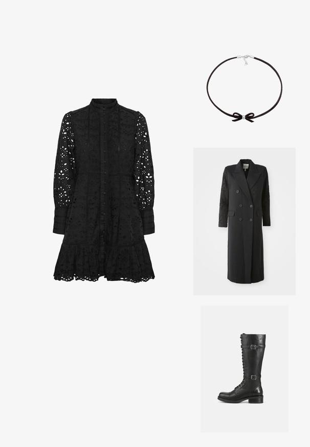 Abrigo negro de corte doble con un cuello afilado, seis botones y detalles de cuentas en las mangas. Tejido suave con una forma ajustada y longitud larga.; Vestido negro bordado con cuello alto, cierre de botones en la parte frontal, mangas largas y un dobladillo con volantes. Presenta patrones florales y geométricos recortados.; Botas altas de cuero negro con cordones en la parte delantera, hebillas en los laterales, textura suave, punta redondeada y un tacón bajo resistente.; Choker de ante negro con un pequeño bead plateado central y un detalle de lazo, que cuenta con un cierre simple y una cadena ajustable.