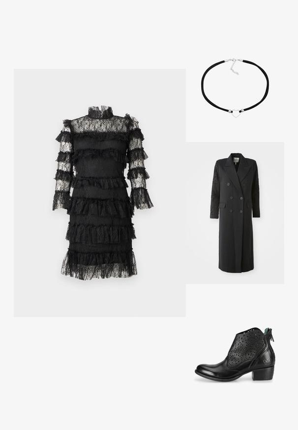 Abrigo negro de corte doble con un cuello afilado, seis botones y detalles de cuentas en las mangas. Tejido suave con una forma ajustada y longitud larga.; Vestido negro de encaje hasta la rodilla con cuello alto, mangas largas transparentes y volantes en capas en el cuerpo y los brazos.; Botín negro de cuero con un patrón floral recortado, punta redondeada, tacón corto y forro verde, que incluye una cremallera lateral para el cierre.; Choker de ante sintético negro con un colgante de corazón plateado en el centro, que presenta acentos metálicos redondos y un cierre con una cadena de extensión.