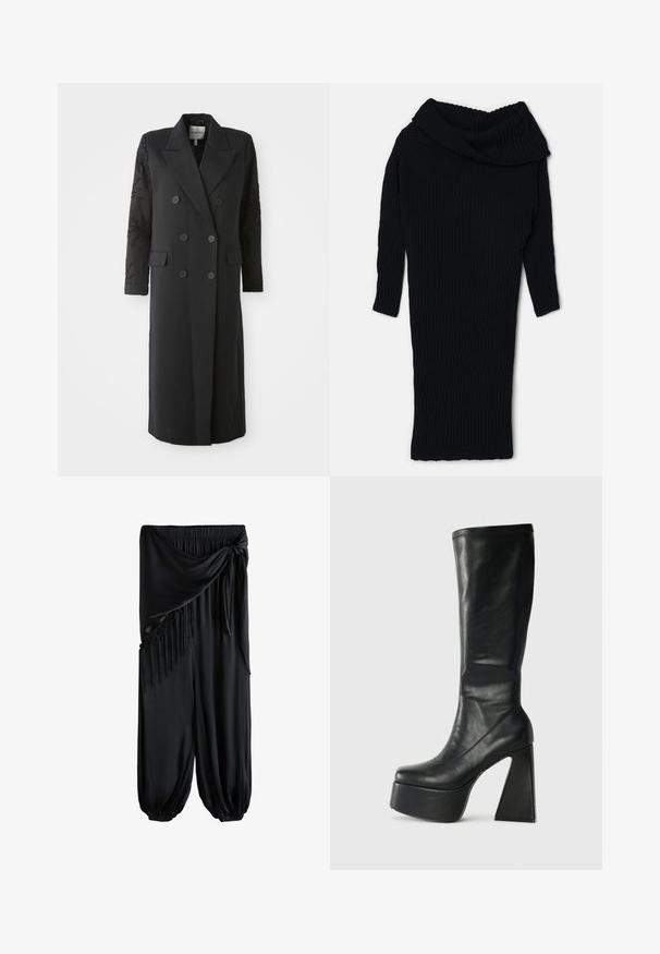 Schwarzer, doppelt geknöpfter Mantel mit scharfem Kragen, sechs Knöpfen und Perlendetails an den Ärmeln. Glatte Stoffqualität mit taillierter Passform und langer Länge.; A.W.A.K.E. MODE SNOOD - Strickpullover - black; Schwarze, weit geschnittene Hose mit elastischem Bund, gebundener Schärpe und Fransen-Detail auf einer Seite, an den Knöcheln gerafft.; Schwarze Lederstiefel bis zum Knie mit einer klobigen Plattform und geometrischem hohen Absatz. Glatte Textur mit gesteppten Details am oberen Rand.