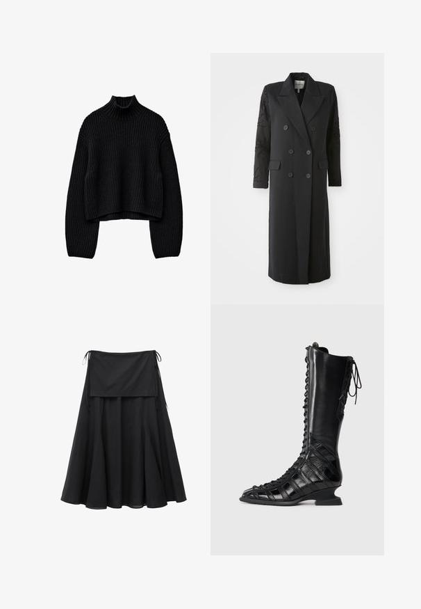 Manteau noir croisé avec un col prononcé, six boutons et des détails perlés sur les manches. Tissu lisse avec une coupe cintrée et une longueur longue.; Pull en laine noir avec un col montant, au design court, texture côtelée et manches larges. Présente des détails en tricot torsadé sur les côtés.; Jupe midi noire en ligne A avec une large ceinture et des liens latéraux, confectionnée dans un tissu léger avec une silhouette fluide et légèrement évasée.; Botte noire jusqu'au genou avec un laçage sur le devant, fabriquée en cuir lisse et texturé, dotée d'un talon sculpté et d'un design de panneaux géométriques.