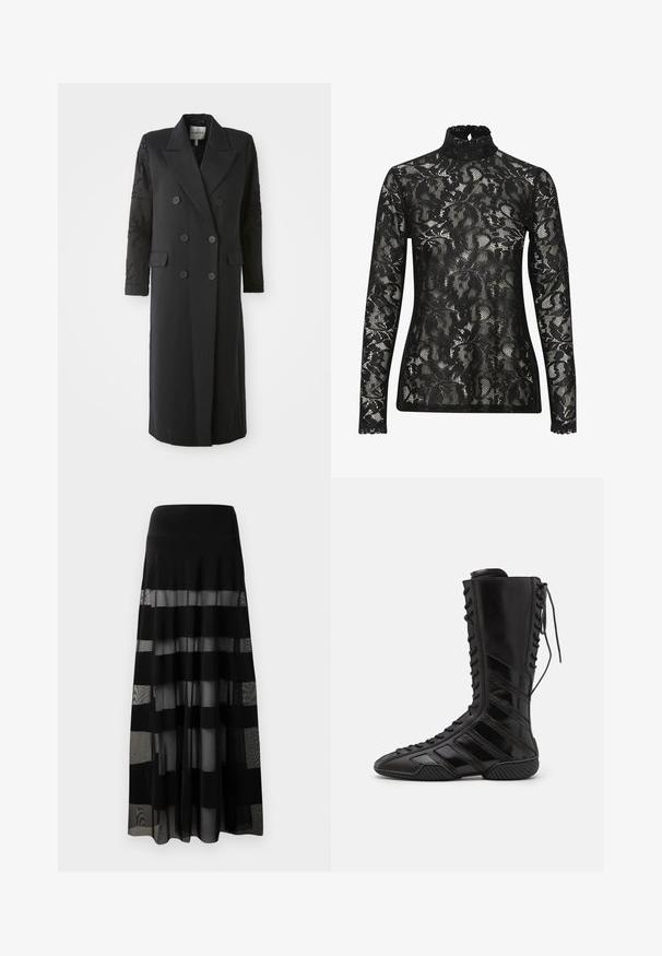 Manteau noir croisé avec un col prononcé, six boutons et des détails perlés sur les manches. Tissu lisse avec une coupe cintrée et une longueur longue.; Top en dentelle noire à col montant et manches longues, orné d'un motif floral complexe et d'un col festonné. Tissu transparent et texturé.; Jupe maxi noire avec une taille ajustée, comportant des panneaux transparents et des rayures opaques. Tissu léger avec une texture lisse.; Bottes montantes noires en matériau synthétique brillant, présentant un design de laçage sophistiqué et des accents de rayures diagonales sur les côtés.