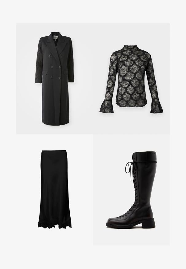 Manteau noir croisé avec un col prononcé, six boutons et des détails perlés sur les manches. Tissu lisse avec une coupe cintrée et une longueur longue.; Haut en dentelle noire avec col montant et manches longues évasées, présentant un motif festonné sur tout le tissu.; Jupe en satin noir à la texture lisse, dotée d'un ourlet en dentelle aux bords festonnés. Silhouette simple et longue sans ornement.; Grande botte noire en cuir à lacets avec un petit talon bloc et un bout arrondi vue de côté sur fond blanc.