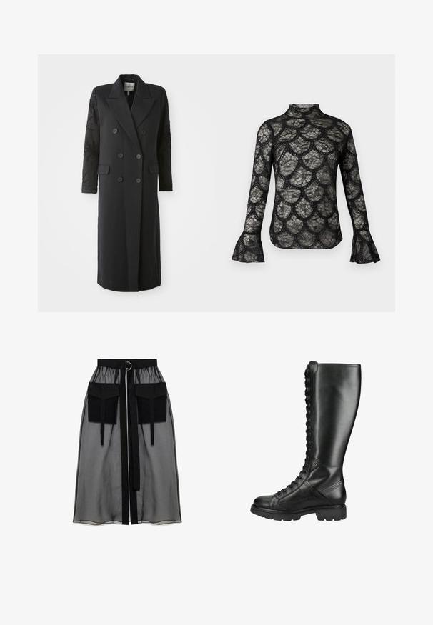 Manteau noir croisé avec un col prononcé, six boutons et des détails perlés sur les manches. Tissu lisse avec une coupe cintrée et une longueur longue.; Haut en dentelle noire avec col montant et manches longues évasées, présentant un motif festonné sur tout le tissu.; Jupe noire transparente avec une taille froncée, dotée de deux grandes poches avant, d'une ceinture à nouer et d'un accent en métal circulaire.; Botte haute en cuir noir à lacets avec semelle épaisse et bout rond, conçue à la fois pour le style et la durabilité.