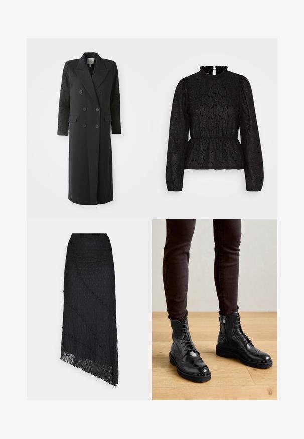 Zwarte dubbelgeknoopte jas met een scherpe kraag, zes knopen en een bewerkte detail op de mouw. Gladde stof met een op maat gemaakte vorm en lange lengte.; Pieces PCJANESSA - Longsleeve - black; ONLY ONLKIM SLIT - Maxirok - black; Zwarte leren enkellaarsjes met brogue-details, een vetersluiting aan de voorkant, ritsen aan de zijkant en gestructureerde rubberen zolen. Gecombineerd met donkere slim-fit broek.