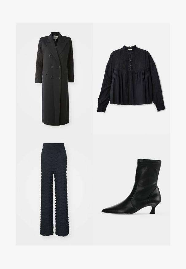 Manteau noir croisé avec un col prononcé, six boutons et des détails perlés sur les manches. Tissu lisse avec une coupe cintrée et une longueur longue.; Vanessa Bruno DAHLIA - Blouse - noir; Pantalons à jambes larges en tissu gris foncé présentant un motif texturé en vagues, taille haute, et une finition lisse avec une silhouette structurée.; Botte mi-mollet en cuir noir avec bout pointu et petit talon kitten, vue de profil sur un fond clair uni.