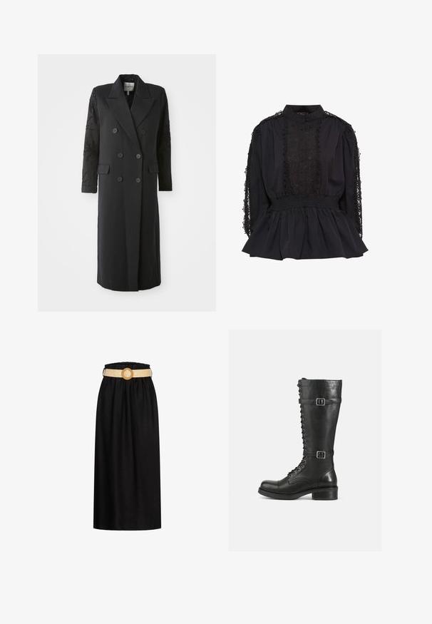 Zwarte dubbelgeknoopte jas met een scherpe kraag, zes knopen en een bewerkte detail op de mouw. Gladde stof met een op maat gemaakte vorm en lange lengte.; Zwarte blouse met hoge kraag, knoopsluiting aan de voorkant, kantdetails op de mouwen, gerimpelde taille en een uitlopende zoom. Zachte stof met textuuraccenten.; Zwarte midi-rok van zachte stof, met een elastische tailleband en een geweven beige riem met een ronde gesp.; Hoge zwarte leren laarzen met vetersluiting aan de voorkant, zijgespen, gladde textuur, ronde neus en stevige lage hak.