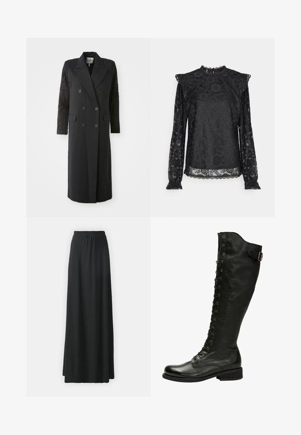 Manteau noir croisé avec un col prononcé, six boutons et des détails perlés sur les manches. Tissu lisse avec une coupe cintrée et une longueur longue.; PIECES Tall PCOLLINE - Blouse - black; Jupe maxi noire en tissu doux et extensible avec une taille élastique, présentant une silhouette fluide en A.; Botte en cuir noir hauteur genou avec un laçage à l'avant, œillets en métal argenté et boucle sur le côté. Présente une finition texturée et un talon empilé.