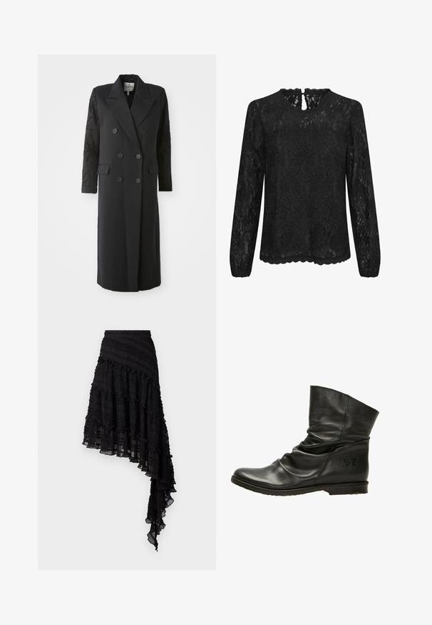 Manteau noir croisé avec un col prononcé, six boutons et des détails perlés sur les manches. Tissu lisse avec une coupe cintrée et une longueur longue.; Blouse en dentelle noire à manches longues avec un col rond, un ourlet festonné et un dos avec un détail en clé. Motif floral délicat sur l'ensemble.; Jupe asymétrique noire avec des plis texturés, des volants superposés et une taille smockée. Tissu léger avec une finition transparente.; Bottine en cuir noir avec un design plié, bout rond et semelle plate. Présente un logo papillon subtil sur le côté. Texture lisse.
