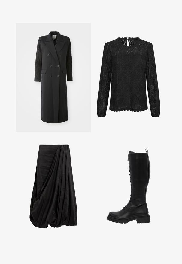 Schwarzer, doppelt geknöpfter Mantel mit scharfem Kragen, sechs Knöpfen und Perlendetails an den Ärmeln. Glatte Stoffqualität mit taillierter Passform und langer Länge.; Schwarze Spitzenshirt mit langen Ärmeln, Rundhalsausschnitt, gewelltem Saum und einem Schlüsselaugen-Detail im Rücken. Zartes Blumenmuster über das gesamte Shirt.; Schwarzer, drapierter Rock aus einem glatten Stoff, der mit komplexen Falten und einer fließenden Silhouette überzeugt. Der Rock hat eine geraffte Taille.; Schwarze kniehohe Lederstiefel verfügen über eine Schnürung an der Vorderseite, eine strapazierfähige Sohle mit Rillen und einen weiten Schaft für angenehmen Tragekomfort.