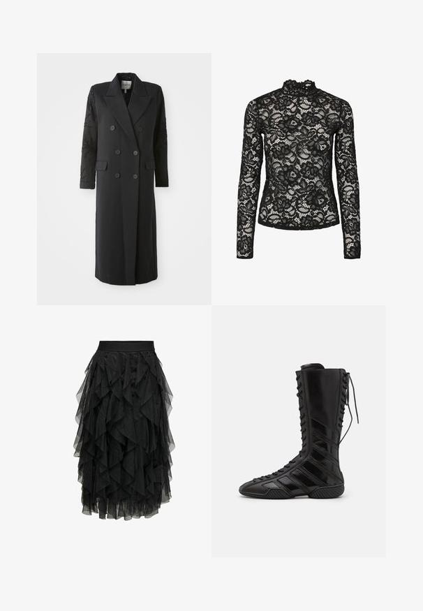 Manteau noir croisé avec un col prononcé, six boutons et des détails perlés sur les manches. Tissu lisse avec une coupe cintrée et une longueur longue.; Haut en dentelle noire à manches longues avec col haut agrémenté d'une bordure à volants, motifs floraux et texture transparente. Conçu pour un ajustement près du corps.; Jupe noire en tulle superposé avec un design à volants. Elle dispose d'une taille élastique. Le tissu transparent ajoute de la texture et du mouvement.; Bottes montantes noires en matériau synthétique brillant, présentant un design de laçage sophistiqué et des accents de rayures diagonales sur les côtés.