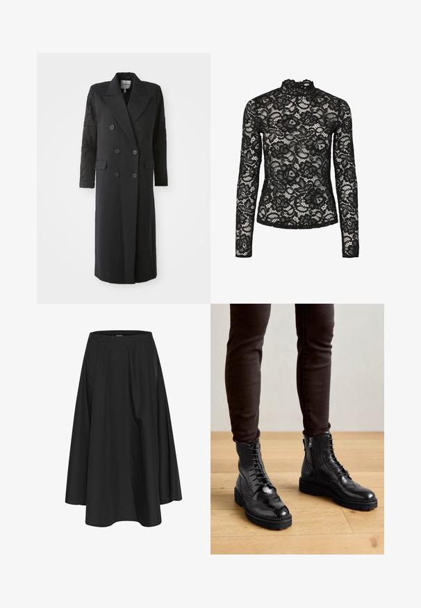 Abrigo negro de corte doble con un cuello afilado, seis botones y detalles de cuentas en las mangas. Tejido suave con una forma ajustada y longitud larga.; Top de encaje negro de manga larga con cuello alto y ribete con volantes, patrones florales y una textura transparente. Diseñado para un ajuste ceñido.; Falda negra hasta la rodilla con cintura elástica, con pliegues para dar volumen y una textura suave. Diseño simple y clásico sin adornos.; Botas negras de cuero hasta el tobillo con detalles de brogue, cordones en la parte delantera, cremalleras laterales y suelas de goma texturizadas. Combinadas con pantalones oscuros de corte slim.