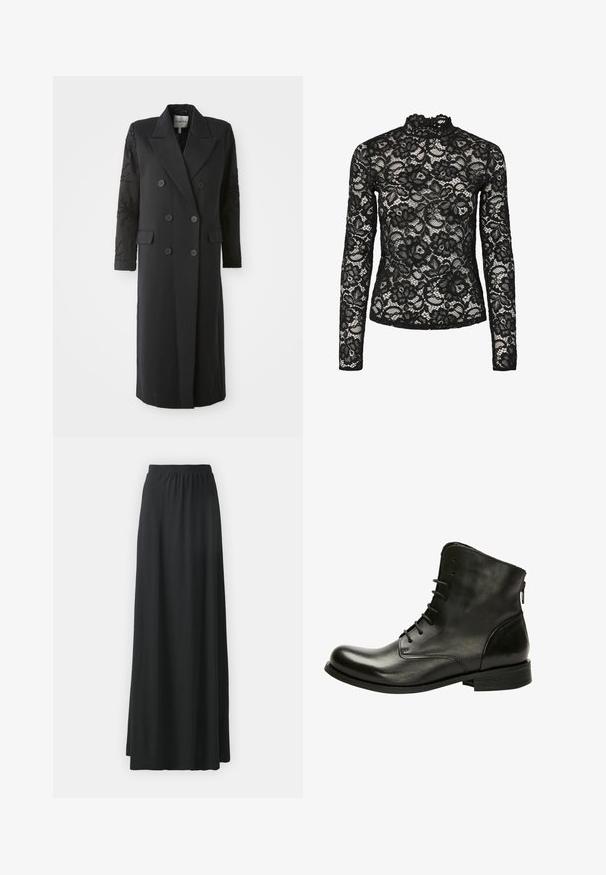 Manteau noir croisé avec un col prononcé, six boutons et des détails perlés sur les manches. Tissu lisse avec une coupe cintrée et une longueur longue.; Haut en dentelle noire à manches longues avec col haut agrémenté d'une bordure à volants, motifs floraux et texture transparente. Conçu pour un ajustement près du corps.; Jupe maxi noire en tissu doux et extensible avec une taille élastique, présentant une silhouette fluide en A.; Bottines en cuir noir à finition lisse, bout rond, devant à lacets et fermeture éclair sur le côté. Semelle plate et accents de design minimalistes.
