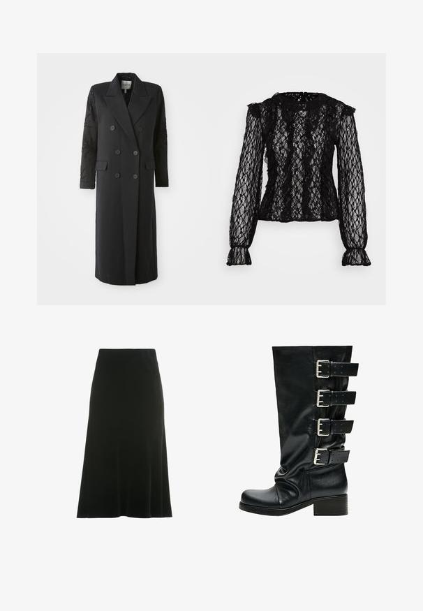 Manteau noir croisé avec un col prononcé, six boutons et des détails perlés sur les manches. Tissu lisse avec une coupe cintrée et une longueur longue.; Haut en dentelle noire à manches longues avec une coupe ajustée, des détails volantés aux épaules et aux poignets, et un motif floral texturé tout au long.; Jupe A-line noire en velours doux, avec une texture lisse et un design mi-long avec une taille cintrée.; Botte en cuir noire mi-mollet avec quatre boucles argentées réglables sur le côté extérieur et un petit talon empilé.