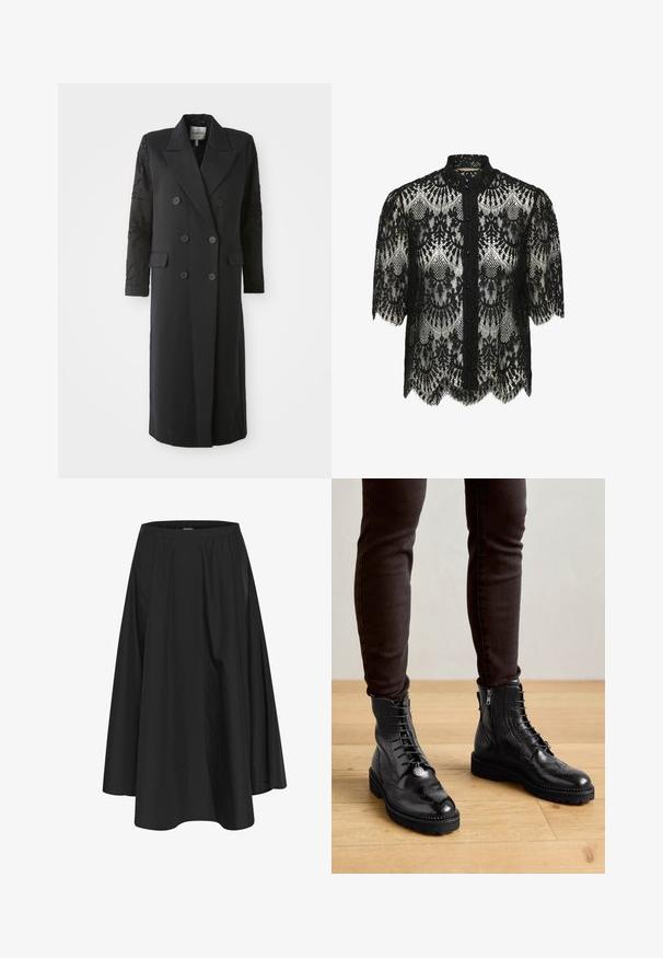 Manteau noir croisé avec un col prononcé, six boutons et des détails perlés sur les manches. Tissu lisse avec une coupe cintrée et une longueur longue.; Blouse en dentelle noire avec un ourlet festonné et des manches courtes. Présente un col haut et une fermeture à boutons. Motif floral complexe sur l'ensemble.; Jupe noire mi-longue avec une taille élastique, dotée de plis pour plus de volume et d'une texture lisse. Design simple et classique sans embellissements.; Bottines en cuir noir avec des détails de brogue, un laçage à l'avant, des fermetures éclair sur les côtés et des semelles en caoutchouc texturé. Associées à un pantalon slim noir.