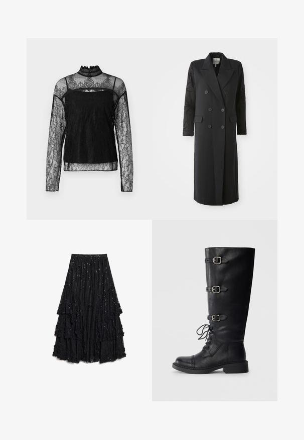 Abrigo negro de corte doble con un cuello afilado, seis botones y detalles de cuentas en las mangas. Tejido suave con una forma ajustada y longitud larga.; Top de encaje negro de manga larga con cuello alto, patrón floral intrincado, tejido transparente y panel sólido en la zona del pecho.; Falda negra de capas hecha de encaje texturizado, con volantes de acabado deshilachado y lentejuelas dispersas para un detalle adicional.; Bota de cuero negro hasta la rodilla con cordones en la parte frontal, tres detalles de hebilla, punta redondeada y tacón bajo tipo bloque. Textura lisa con acabado mate.