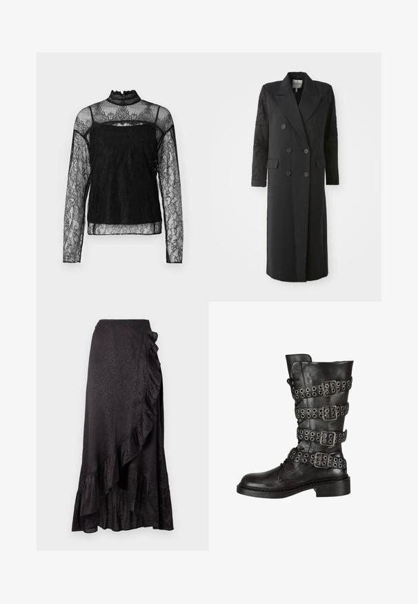 Manteau noir croisé avec un col prononcé, six boutons et des détails perlés sur les manches. Tissu lisse avec une coupe cintrée et une longueur longue.; Haut en dentelle noir à manches longues avec col haut, motif floral complexe, tissu transparent et panneau solide sur la zone de la poitrine.; Jupe en satin noir avec un ourlet froncé et des détails sur le côté. Le motif léopard texturé ajoute un intérêt visuel. Silhouette longue et fluide.; Botte en cuir noir jusqu'au genou avec plusieurs boucles en argent et œillets, présentant un bout rond et un petit talon en bloc. Fini texturé.