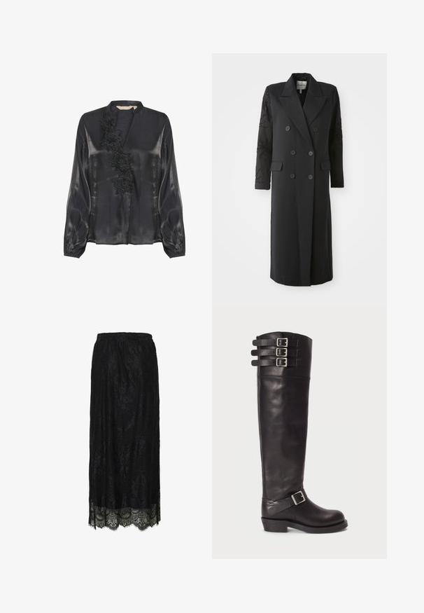 Abrigo negro de corte doble con un cuello afilado, seis botones y detalles de cuentas en las mangas. Tejido suave con una forma ajustada y longitud larga.; Culture CUFIOLA - Blusa - black; Falda midi de encaje negro con dobladillo en forma de ondas y patrón floral, con cintura elástica.; Bota de cuero negro hasta la rodilla con punta redonda, tres hebillas de cinta en la parte superior y un detalle de hebilla lateral. Suela plana y textura suave.