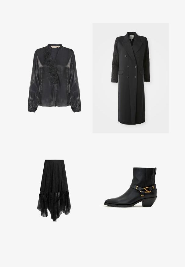 Zwarte dubbelgeknoopte jas met een scherpe kraag, zes knopen en een bewerkte detail op de mouw. Gladde stof met een op maat gemaakte vorm en lange lengte.; Culture CUFIOLA - Blouse - black; Zwarte high-low rok met doorschijnende kanten overlay en gerimpelde zoom, met een aansluitende tailleband en textuurlrijke stofdetails.; Zwarte leren enkellaars met lage, schuine blokhak, puntige neus en decoratieve gouden gesp en klinknagels op de zijriem.