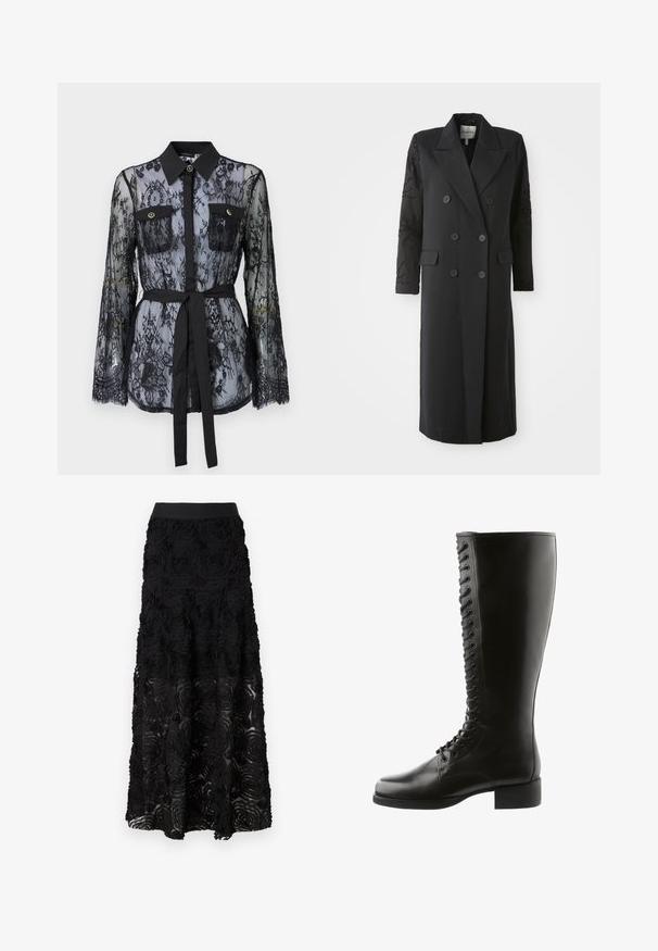 Zwarte dubbelgeknoopte jas met een scherpe kraag, zes knopen en een bewerkte detail op de mouw. Gladde stof met een op maat gemaakte vorm en lange lengte.; Zwarte kanten blouse met lange mouwen, knoopzakken op de borst, een klassieke kraag en een stoffen riem die op de taille is gestrikt. Doorzichtige uitstraling.; Maje JOSINO - Maxirok - noir; Zwarte leren laarzen tot de knie met een vetersluiting aan de voorkant, ronde neus en blokhak, met een gladde textuur en geen zichtbare patronen.