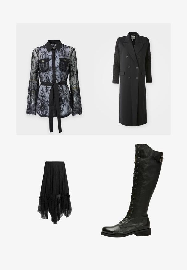 Abrigo negro de corte doble con un cuello afilado, seis botones y detalles de cuentas en las mangas. Tejido suave con una forma ajustada y longitud larga.; Blusa de encaje negro con mangas largas, bolsillos en el pecho con botón, cuello clásico y un cinturón de tela atado a la cintura. Diseño transparente.; Falda negra corta delante y larga detrás con superposición de encaje transparente y bajo fruncido, con cinturilla ajustada y detalles de tejido texturizados.; Bota de cuero negro hasta la rodilla con cordones en el frente, ojales de plata y hebilla lateral. Presenta un acabado texturizado y tacón apilado.