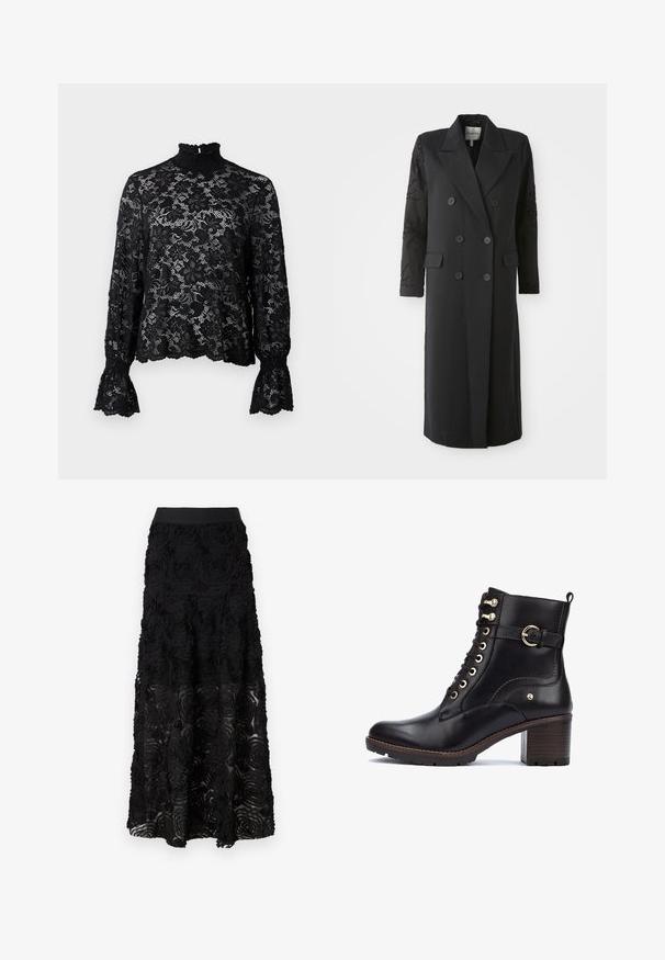 Abrigo negro de corte doble con un cuello afilado, seis botones y detalles de cuentas en las mangas. Tejido suave con una forma ajustada y longitud larga.; Top de encaje negro con cuello alto, mangas largas y puños acampanados. Presenta un patrón floral y un acabado texturizado. Ligero y semitransparente.; Maje JOSINO - Falda larga - noir; Botas de tobillo de cuero negro con herrajes dorados, punta redonda, diseño de cordones y un tacón grueso con acabado de madera. Presenta un acento de correa lateral.