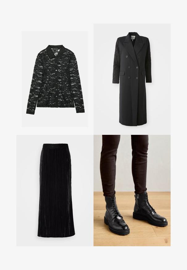 Abrigo negro de corte doble con un cuello afilado, seis botones y detalles de cuentas en las mangas. Tejido suave con una forma ajustada y longitud larga.; Blusa de encaje negro con cuello camisero, mangas largas, cierre de botones con botones verdes y un patrón floral en toda la prenda.; Falda larga de terciopelo negro con pliegues verticales y una pretina de encaje en forma de concha. La tela tiene un aspecto suave y texturizado.; Botas negras de cuero hasta el tobillo con detalles de brogue, cordones en la parte delantera, cremalleras laterales y suelas de goma texturizadas. Combinadas con pantalones oscuros de corte slim.