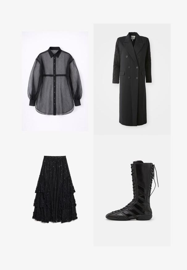 Manteau noir croisé avec un col prononcé, six boutons et des détails perlés sur les manches. Tissu lisse avec une coupe cintrée et une longueur longue.; Chemise noire transparente avec un design à boutons, manches longues bouffantes, col rabattable et ourlet droit. Tissu texturé.; Jupe noire à couches en dentelle texturée, présentant des volants avec une finition effilochée et des paillettes éparpillées pour plus de détails.; Bottes montantes noires en matériau synthétique brillant, présentant un design de laçage sophistiqué et des accents de rayures diagonales sur les côtés.