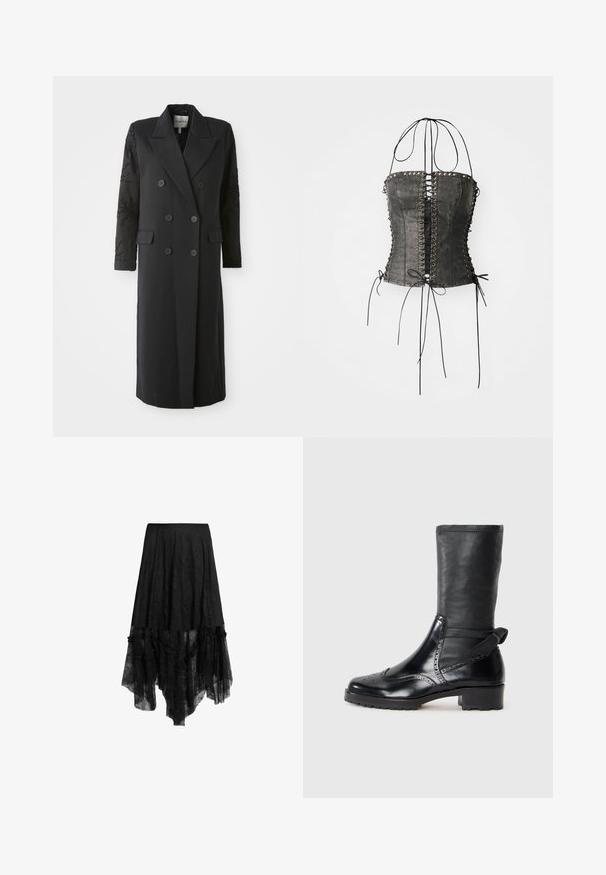 Manteau noir croisé avec un col prononcé, six boutons et des détails perlés sur les manches. Tissu lisse avec une coupe cintrée et une longueur longue.; Jaded London LONGLINE LACE UP HALTER CORSET - Débardeur - black; Jupe noire asymétrique avec superposition de dentelle transparente et ourlet à volants, équipée d'une ceinture ajustée et de détails texturés sur le tissu.; Bottine noire avec une tige en cuir lisse, des détails de brogue, un bout rond et un talon bloc de hauteur moyenne. Comprend un tige douce et texturée.