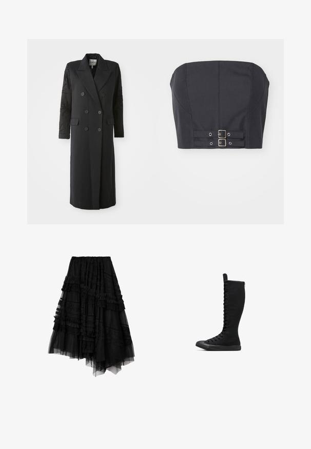 Sort dobbeltradet frakke med en skarp krave, seks knapper og perledetaljer på ærmet. Glat stof med en skræddersyet form og lang længde.; Sort cropped top uden stropper med struktureret bodice, der har syninge og dobbelte metalspænder foran til lukning.; Sort asymmetrisk lagdelt nederdel med blonde- og flæsedetaljer, lavet af gennemsigtige og dækkende stofpaneler.; Sorte høje canvasstøvler med rund tå, lynlås og snørebånd foran. Har en tekstureret overflade og gummisål.