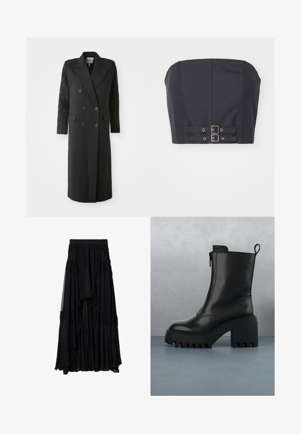 Sort dobbeltradet frakke med en skarp krave, seks knapper og perledetaljer på ærmet. Glat stof med en skræddersyet form og lang længde.; Sort cropped top uden stropper med struktureret bodice, der har syninge og dobbelte metalspænder foran til lukning.; Sort maksi-nederdel med højtalje, flæsedetaljer, gennemsigtigt lag og let udvidet skørtkant.; Sorte læder ankelstøvler med kraftig sål, blokhæl, lynlås i siden og trækflap bagpå på en ensfarvet hvid baggrund.