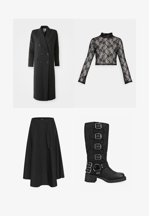 Abrigo negro de corte doble con un cuello afilado, seis botones y detalles de cuentas en las mangas. Tejido suave con una forma ajustada y longitud larga.; ONLY ONLHELENA HIGH NECK LACE - Camiseta de manga larga - black; Falda negra hasta la rodilla con cintura elástica, con pliegues para dar volumen y una textura suave. Diseño simple y clásico sin adornos.; Bota negra hasta la mitad de la pantorrilla con cuatro hebillas plateadas en la caña, dos hebillas cerca del tobillo y un tacón bajo y cuadrado.