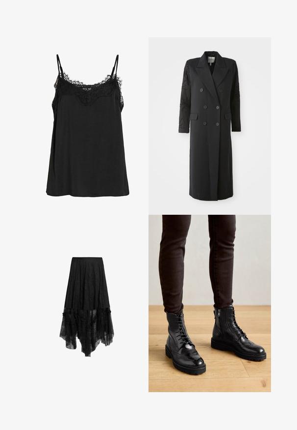 Manteau noir croisé avec un col prononcé, six boutons et des détails perlés sur les manches. Tissu lisse avec une coupe cintrée et une longueur longue.; Camisole noire à bretelles ajustables, dotée d'une bordure en dentelle au niveau de l'encolure. Fabriquée en tissu doux avec une coupe ample et sans motifs visibles.; Jupe noire asymétrique avec superposition de dentelle transparente et ourlet à volants, équipée d'une ceinture ajustée et de détails texturés sur le tissu.; Bottines en cuir noir avec des détails de brogue, un laçage à l'avant, des fermetures éclair sur les côtés et des semelles en caoutchouc texturé. Associées à un pantalon slim noir.